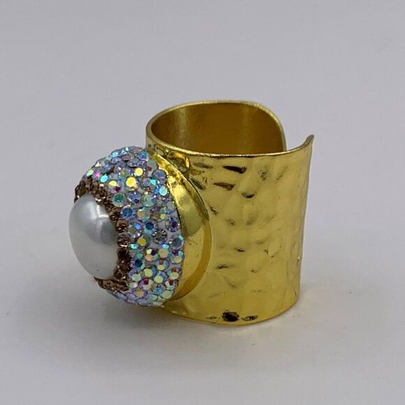 Ring, NWOT, real pearl, gold, crystals, adjustable size, statement, - Picture 8 of 14